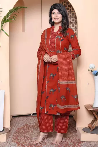  womens pure cotton animal printed straight kurta with palazzo & dupatta set