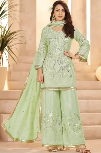 Beautiful Pista Green Mirror Work Chinon Festival Wear Palazzo Suit