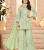 Beautiful Pista Green Mirror Work Chinon Festival Wear Palazzo Suit