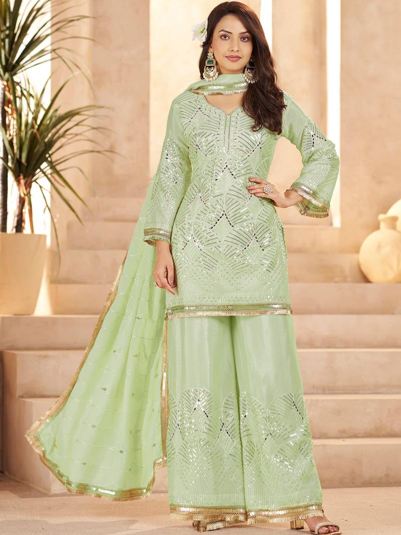 Beautiful Pista Green Mirror Work Chinon Festival Wear Palazzo Suit