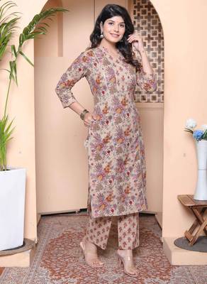  womens pure cotton straight floral printed kurta with palazzo-multicolor 2