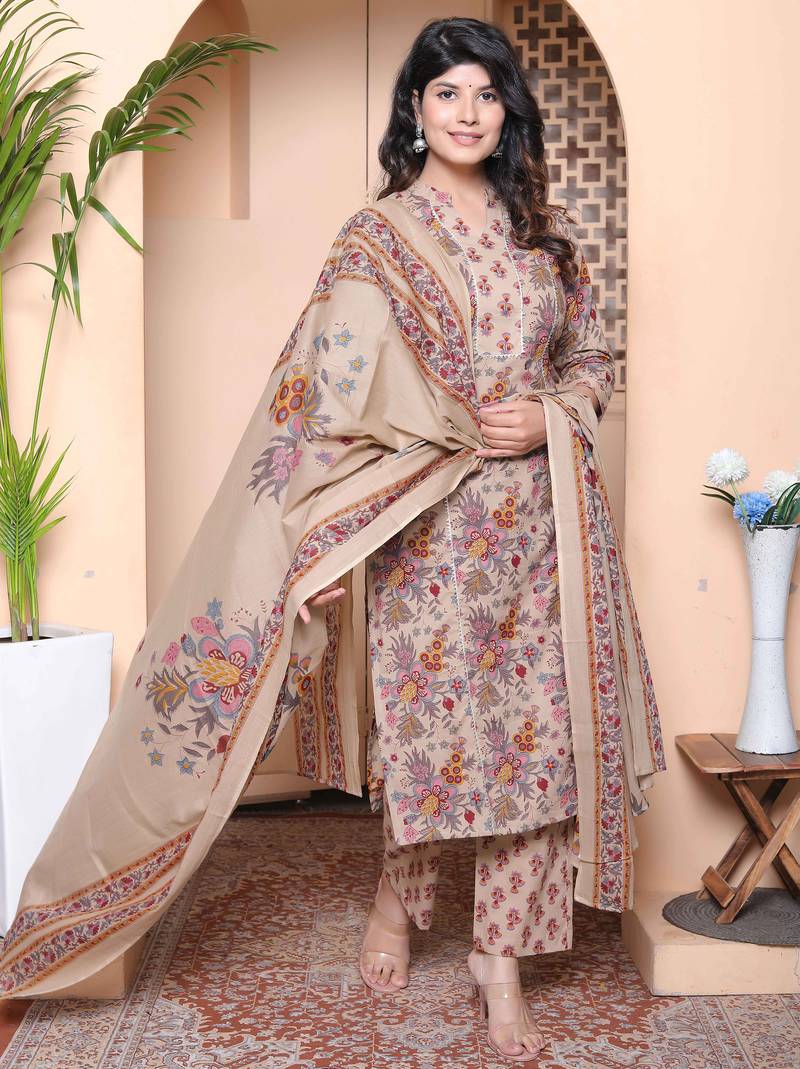  womens multicolor floral printed pure cotton kurta and palazzo with dupatta set