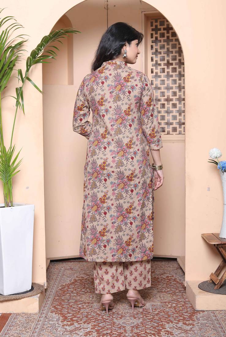 womens multicolor floral printed pure cotton kurta and palazzo with dupatta set