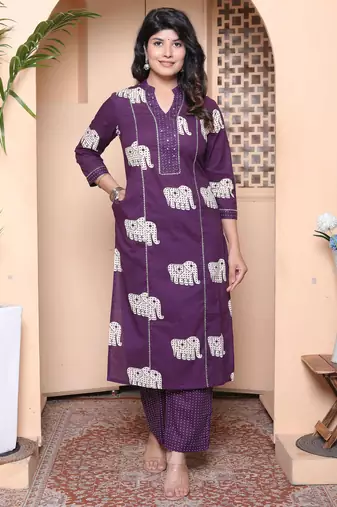  womens purple printed kurta with palazzo