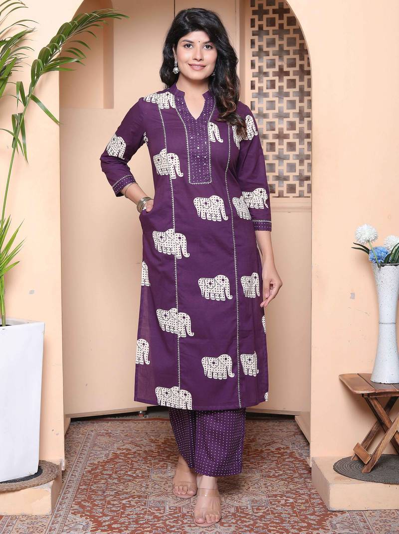  womens purple printed kurta with palazzo