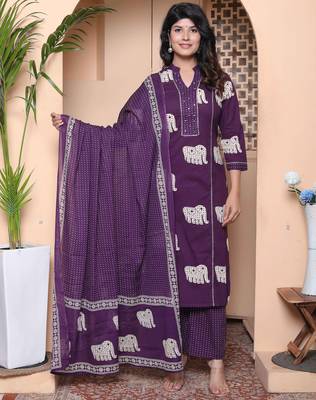  womens purple cotton animal print kurta with palazzo and dupatta 1