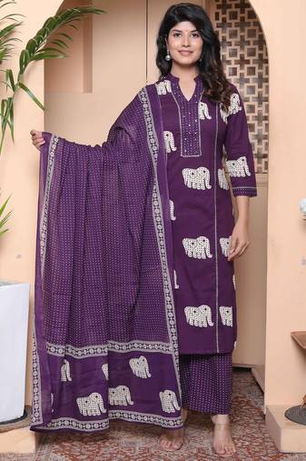  womens purple cotton animal print kurta with palazzo and dupatta
