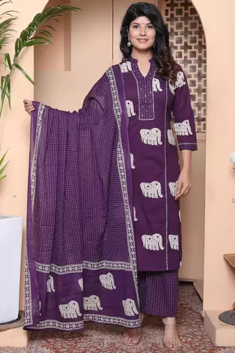  womens purple cotton animal print kurta with palazzo and dupatta