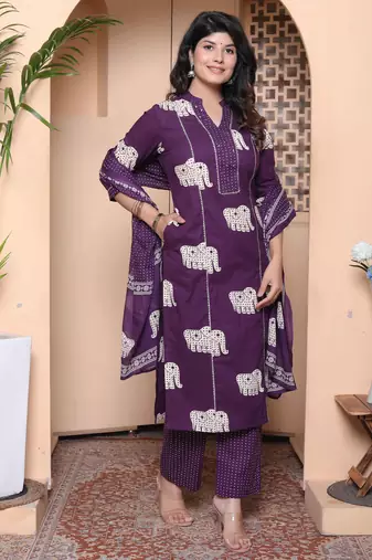  womens purple cotton animal print kurta with palazzo and dupatta