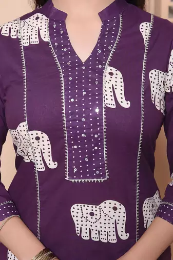  womens purple cotton animal print kurta with palazzo and dupatta