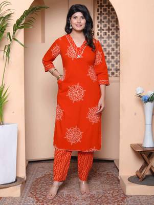  womens orange floral print straight kurta with palazzo 1