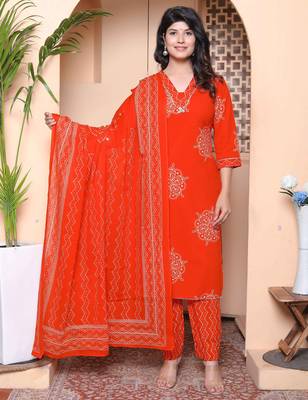  womens floral printed  straight fit kurta with palazzo and dupatta - orange 1