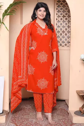  womens floral printed  straight fit kurta with palazzo and dupatta - orange