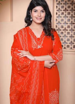  womens floral printed  straight fit kurta with palazzo and dupatta - orange 3