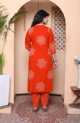  womens floral printed  straight fit kurta with palazzo and dupatta - orange 4
