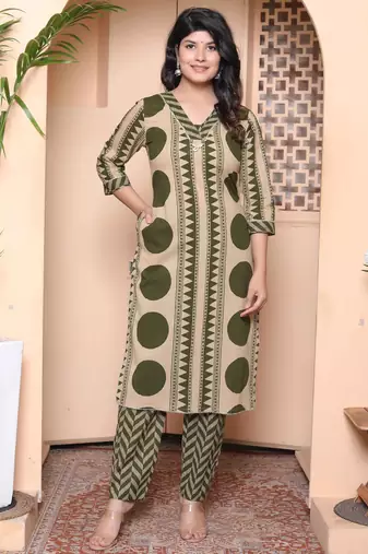  womens straight polka dot  printed green kurta with palazzo