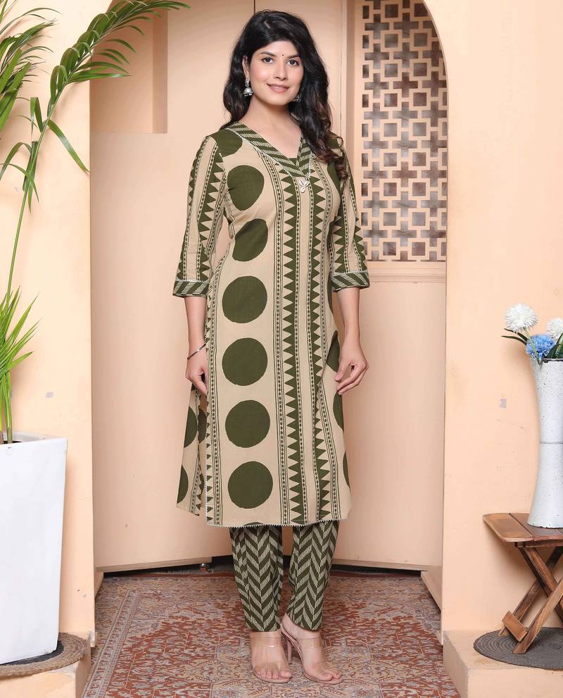  womens straight polka dot  printed green kurta with palazzo