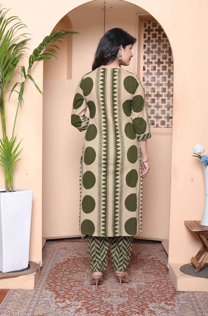  womens straight polka dot  printed green kurta with palazzo