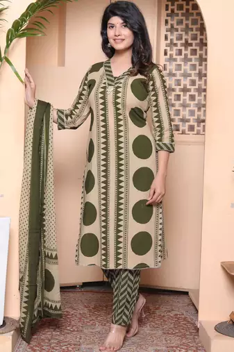  womens polka dot printed v-neck kurta with palazzo and dupatta set