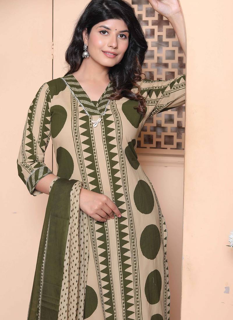  womens polka dot printed v-neck kurta with palazzo and dupatta set