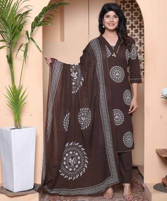  womens animal print cotton brown stitched kurta palazzo with dupatta set 1