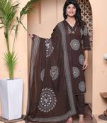  womens animal print cotton brown stitched kurta palazzo with dupatta set