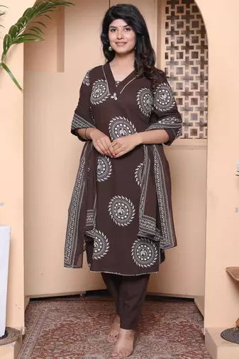  womens animal print cotton brown stitched kurta palazzo with dupatta set