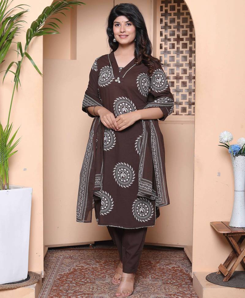  womens animal print cotton brown stitched kurta palazzo with dupatta set