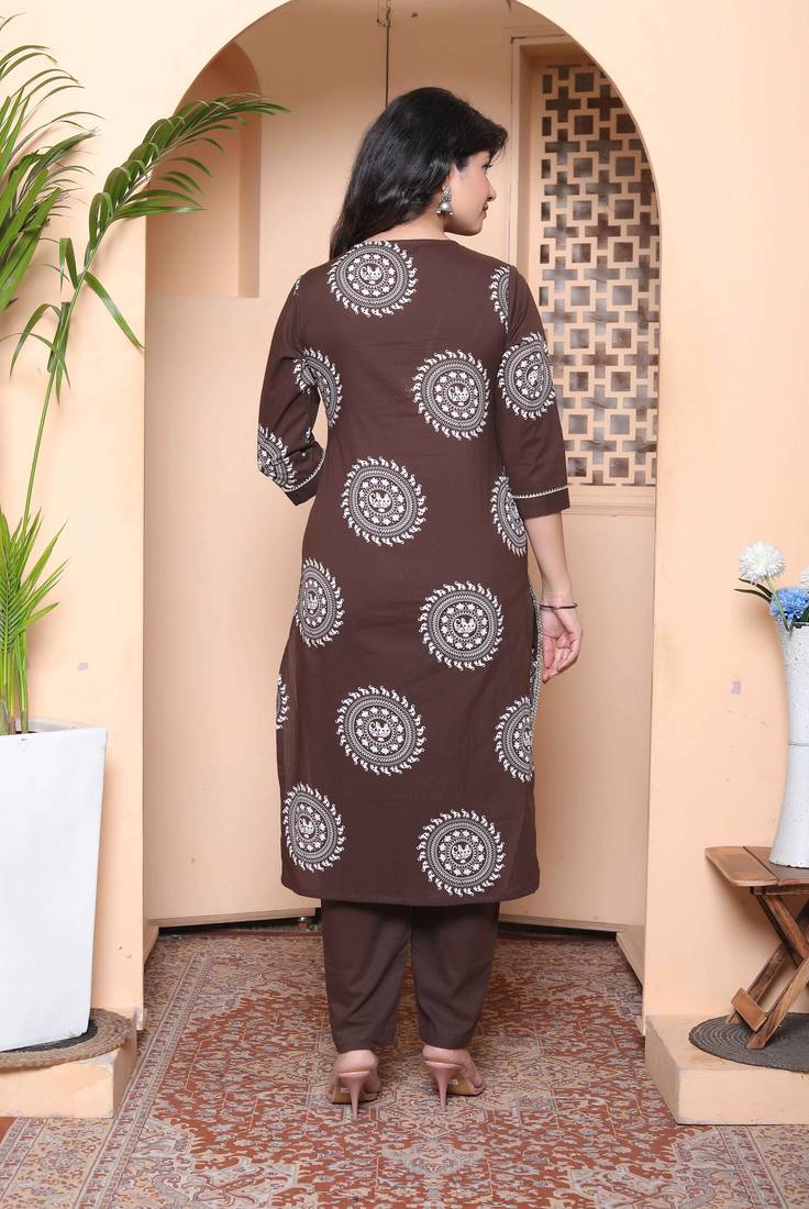  womens animal print cotton brown stitched kurta palazzo with dupatta set