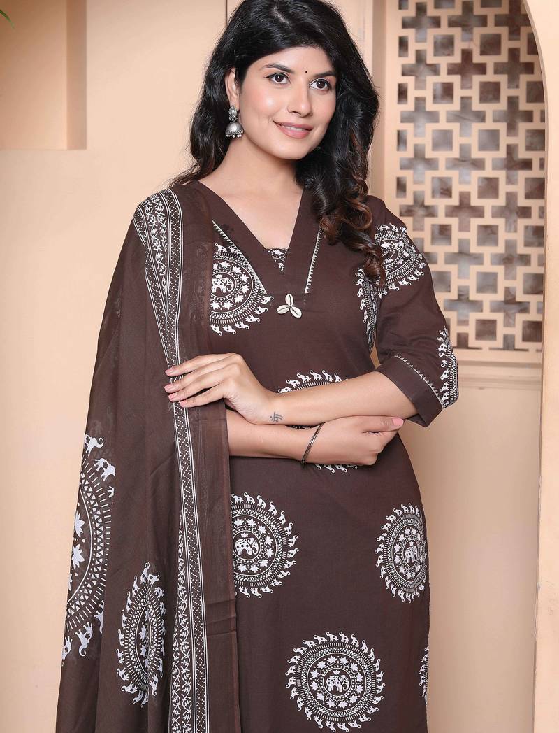 womens animal print cotton brown stitched kurta palazzo with dupatta set