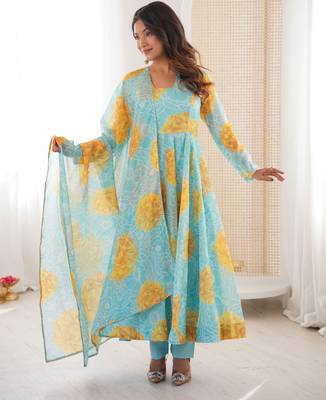 sky blue organza silk digital printed party gown set 1