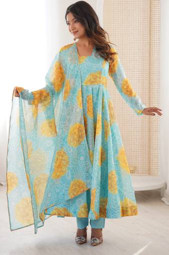 Sky Color Soft Organza Silk Digital Printed Party Wear Gown