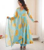 Sky Color Soft Organza Silk Digital Printed Party Wear Gown