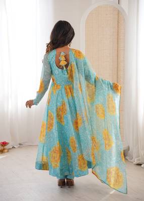 sky blue organza silk digital printed party gown set 2