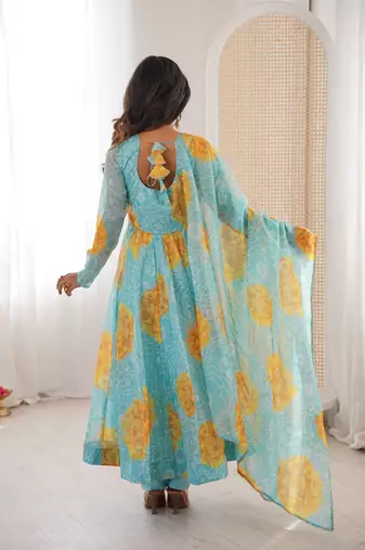 sky blue organza silk digital printed party gown set
