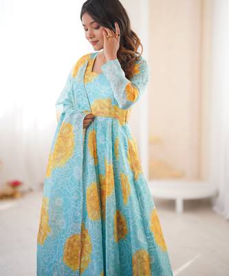 sky blue organza silk digital printed party gown set 3