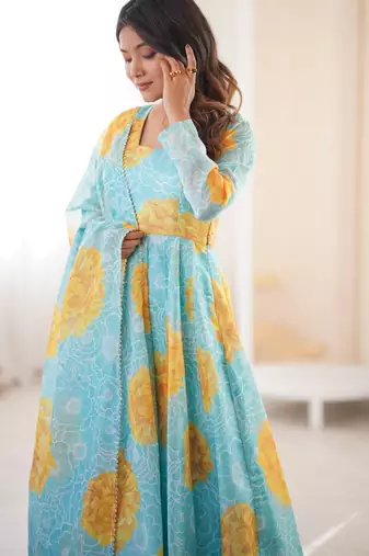 sky blue organza silk digital printed party gown set