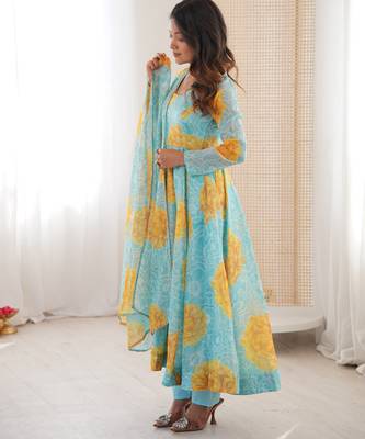 sky blue organza silk digital printed party gown set 4