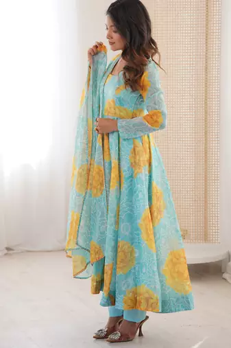 sky blue organza silk digital printed party gown set