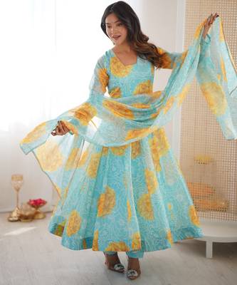 sky blue organza silk digital printed party gown set 5
