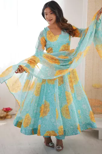 sky blue organza silk digital printed party gown set
