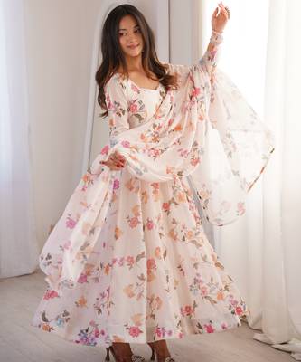 cream organza silk party wear floral printed gown set 1