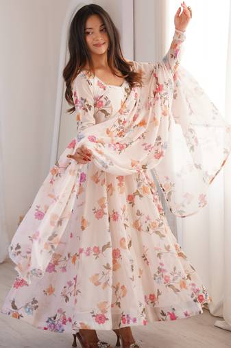 Cream Color Soft Organza Silk Digital Printed Party Wear Gown