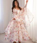 Cream Color Soft Organza Silk Digital Printed Party Wear Gown