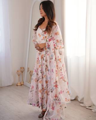 cream organza silk party wear floral printed gown set 2