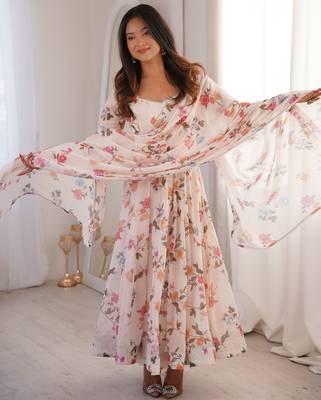 cream organza silk party wear floral printed gown set 3
