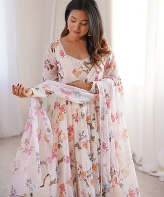 cream organza silk party wear floral printed gown set 4