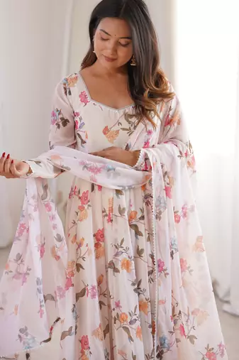cream organza silk party wear floral printed gown set