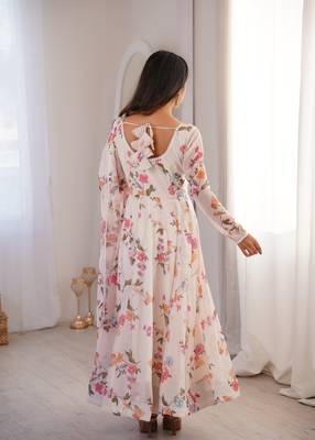 cream organza silk party wear floral printed gown set 5