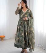 Green Color Soft Georgette Digital Printed Party Wear Gown